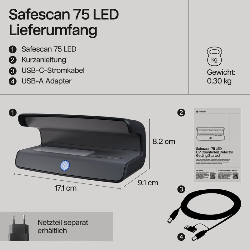 Safescan 75 LED UV Banknote Checker, Counterfeit Money Checker for Banknotes | UV & White Light Money Checker - Quick Checking of Banknotes - UV Note Checker - Checks Credit Cards & ID Cards Safescan 75 LED Money Checker