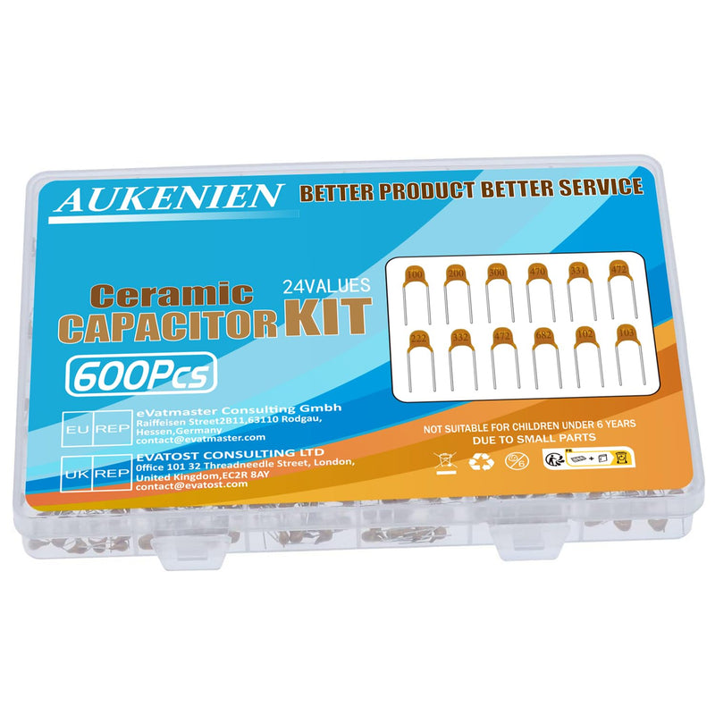 AUKENIEN 24 Value 600 Piece Ceramic Capacitor Set Capacitors Assortment from 10pF to 100nF Ceramic Capacitor Kit Keramik Kondensator 0.00001 uF - 0.1 uF