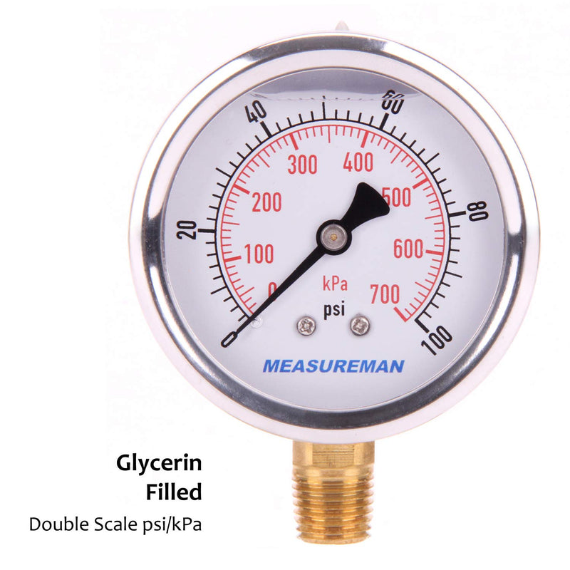 [Australia - AusPower] - MEASUREMAN 2-1/2" Dial Size, Glycerin Filled Pressure Gauge, 0-100psi/kpa, 304 Stainless Steel Case, 1/4"NPT Lower Mount 