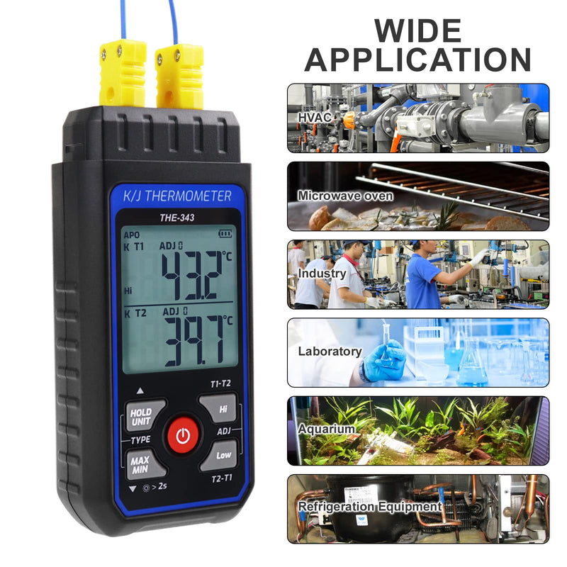 [Australia - AusPower] - Thermocouple Thermometer, Digital K Type Thermometer with 4 Thermocouples, -328~1370°C Measuring Range HVAC Thermometer Dual Channels, Temperature Meter LED Backlight and ADJ Compensation 2-channel thermometer 