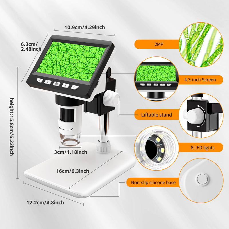 [Australia - AusPower] - Misilmp USB Microscopes, 4.3 Inch Digital LCD Handheld Microscopes 1000X 1080P Microscope for Children/Adults Magnifying Glass Digital Microscope with 8 LED Lights, PC View, Compatible with MacOS 