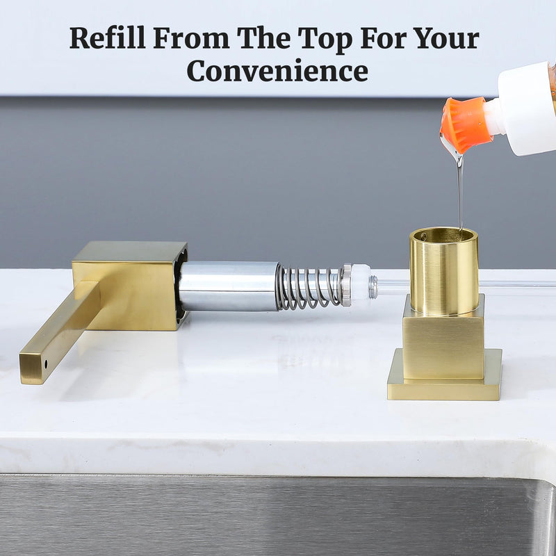 Sink Soap Dispenser for Kitchen Sink (Brushed Gold), All Brass Built-in and Refill from Top Design,Metal Hand Soap & Dish Soap Copper Pump Gold Brushed