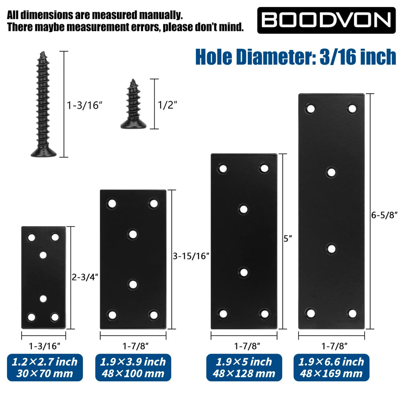 Mending Plate, Metal Steel Flat Straight Brace Bracket, Black Double-Wide Joining Plate for Wood Furniture Fastening & Fixing with 2 Sets of Screws of Different Lengths(48x128mm, 4 Pack) 1.9"×5"/48x128mm