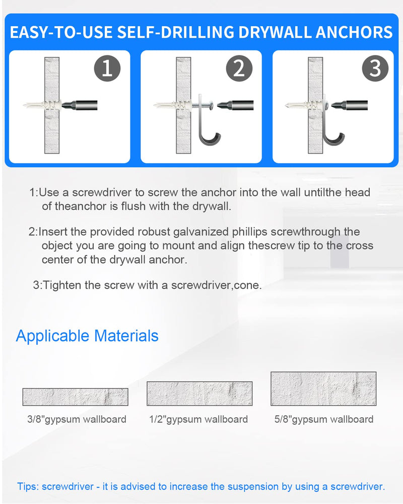 #8 Self Drilling Drywall Anchors Kit, 100 Pcs Wall Anchors and Screws for Drywall,50Pcs sheetrock anchors&50 Pcs 8 x 1-1/4'' Screws,No Pre Drill Hole Required-Up to 75lbs Nylon