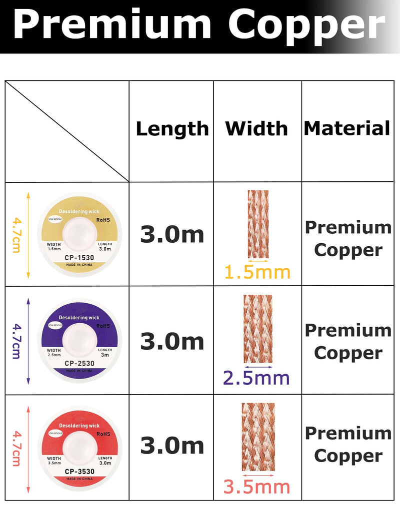 [Australia - AusPower] - Pack of 3 Desoldering Braids - Copper Desoldering Wire (1.5 mm x 3 m, 2.5 mm x 3 m, 3.5 mm x 3 m) | Ideal for Desoldering and Removing Solder at Solder Points | High Thermal Conductivity Soldering 
