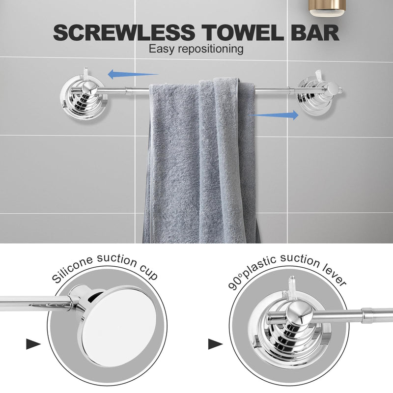 Suction Cup Towel Bar for Shower, 15.75''-25.6'' Adjustable Stainless Steel Towel Holder, Heavy Duty Suction Towel Rack with Powerful Vacuum Adsorption for Bathroom, Kitchen, RV, and Renters Silver 1