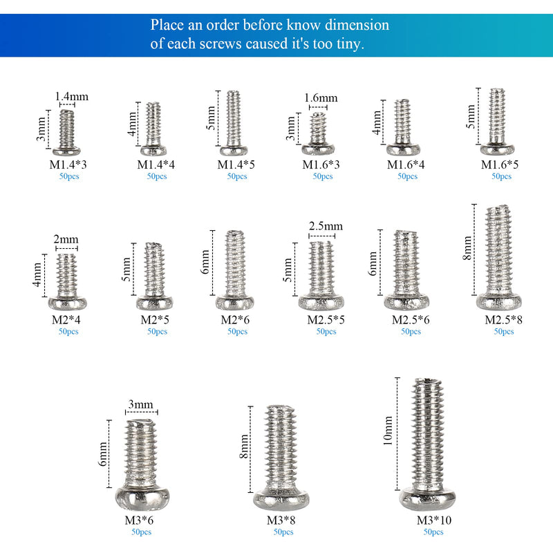 [Australia - AusPower] - 750pcs M1.4/M1.6/M2/M2.5/M3 Phillips Pan Head Small Machine Screws,Tiny Screw,Micro Little Screws,Mini Screw Assortment Kit for Watch,Toy,Electronic Equipment Repair,Nickel-Plated Carbon Steel 