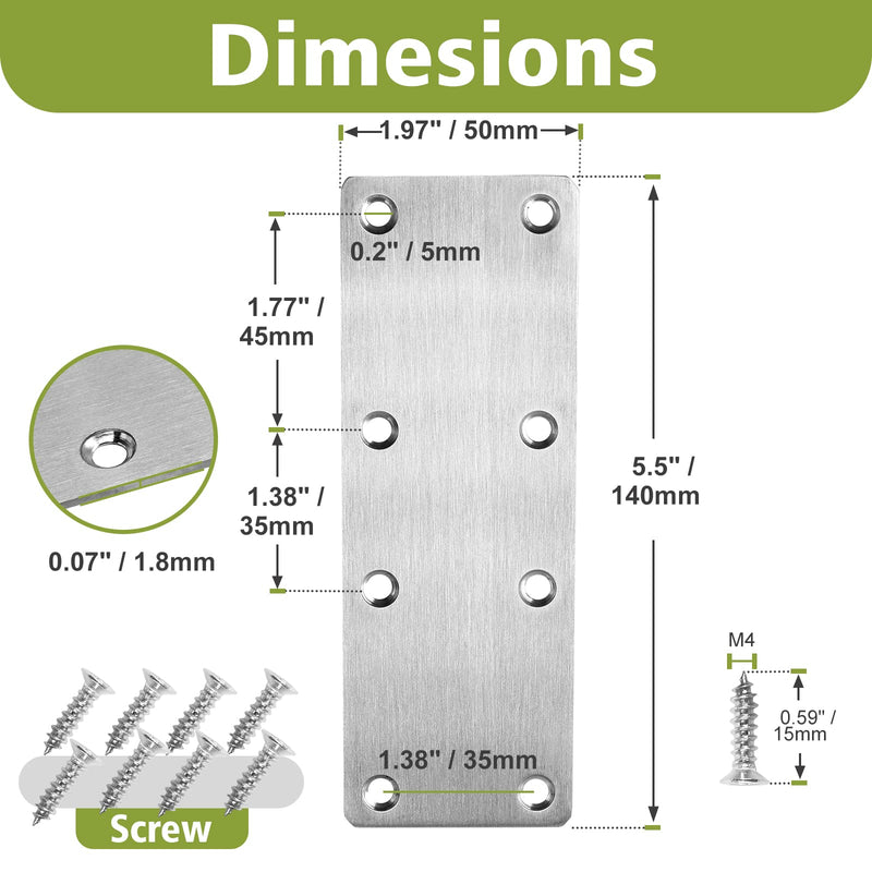 [Australia - AusPower] - 5.5 x 2 Inch Flat Straight Brace Bracket, Silver Flat Mending Plate Stainless Steel Fixing Corner Brace for Wood Furniture ( 140 x 50 x 2mm, 6 Pcs) 