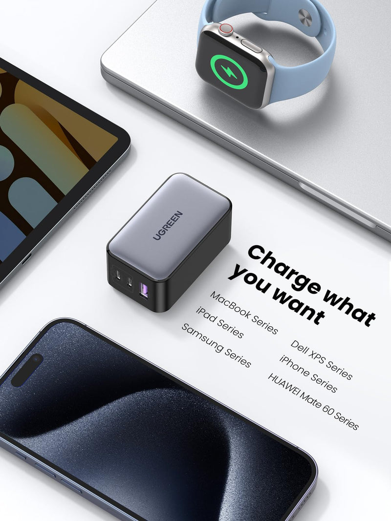 [Australia - AusPower] - UGREEN 65W USB C Charger, Nexode 3 Ports GaN Fast Charger Block, Compact Foldable Wall Charger for MacBook Pro/Air, iPhone 15 Pro Max/14/13, iPad Pro, Galaxy S24/S23, Pixel 8, Steam Deck (Black) Black 