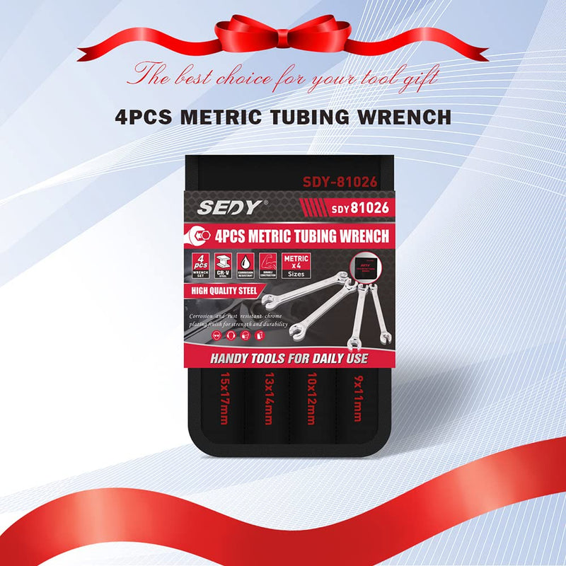 [Australia - AusPower] - SEDY 4-Piece Flare Nut Wrench Set, Offset End Spanner Metric 9 10 11 12 13 14 15 17mm, CR-V Steel Storage Pouch Repair and Remove Nuts on Fuel Tube Hose Transmission Line 