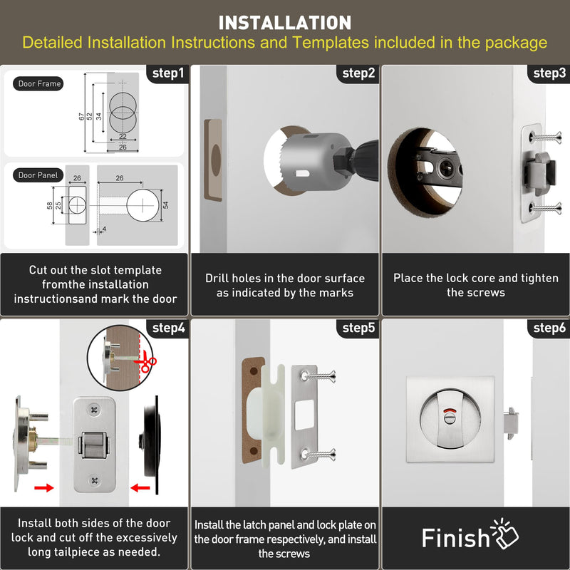 Malimali Pocket Door Lock, Pocket Door Hardware Square Door Lock for Privacy Sliding Door Bifold Door Locks and Pulls Handles Replacement Hardware (Brushed Steel, Privacy Lock with Indicator) Brushed Steel
