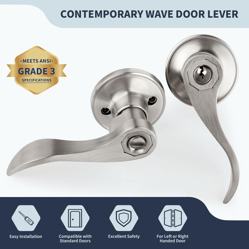 Wave Style Door Lever Keyed Entry Door Handle with Lock, Entrance Lever Reversible for Left/Right Handed for Office or Front Door with Satin Nickel Finish, 1 Pack Keyed Entry (With Lock & keys)