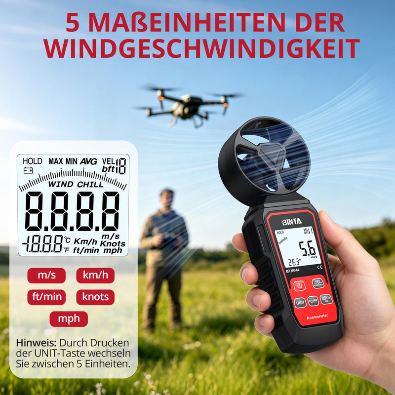 BINTA Digital Anemometer Windmesser digitales Windgeschwindigkeitsmessgerät | Windmessgerät mit Windgeschwindigkeit/Windkühlung, ℃/℉, Max/Min/Durchschnitt/Echtzeitmessung mit Hintergrundbeleuchtung