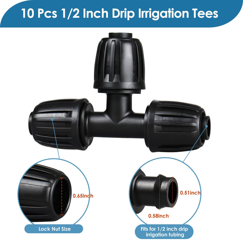 [Australia - AusPower] - 1/2" Drip Irrigation Tee Fittings: 10-Piece Barbed Locked Nut Tee Connectors for 1/2" Drip Tubing (0.650" OD, 13mm ID) Locked Tee-10P 