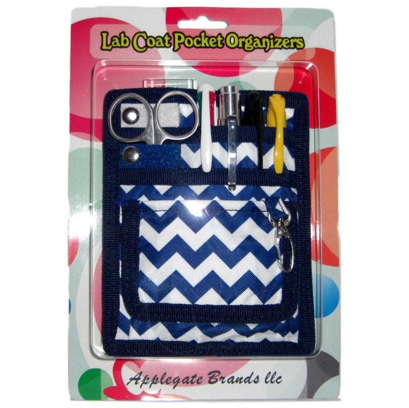 6 Piece Protective Lab Coat Pocket Organizer Kit has Fashionable Blue Chevron Pattern. 6 Pockets Packed With Needed Accessories Blue White