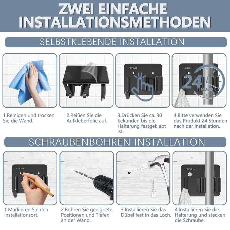 3-H Broom Holder Wall Self-Adhesive, Pack of 6 Tool Holder, Broom Holder, No Drilling, Stainless Steel Broom Wall Mount with Hooks, Garden Tool Holder, Tool Holder for Kitchen, Bathroom, Garden, Black | Besenhalter ohne Bohren,Edelstahl Besen Wandhalte...