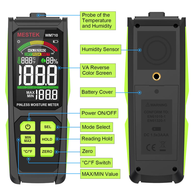 [Australia - AusPower] - Pinless Moisture Meter, MESTEK Wood Moisture Meter Digital Moisture Detector for Lumber Drywall Firewood Masonry Woodworking Plaster Floor Concrete Building with LCD Display Sound Alarm 