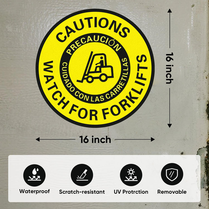 Caution Watch for Forklift Floor Sign – 5 Pack 16 Inch Round Vinyl Decals, Bilingual English/Spanish, Anti-Slip, Removable, Waterproof, UV Protected, High Visibility Safety Sticker for Warehouse, Work Site, Office, Factory