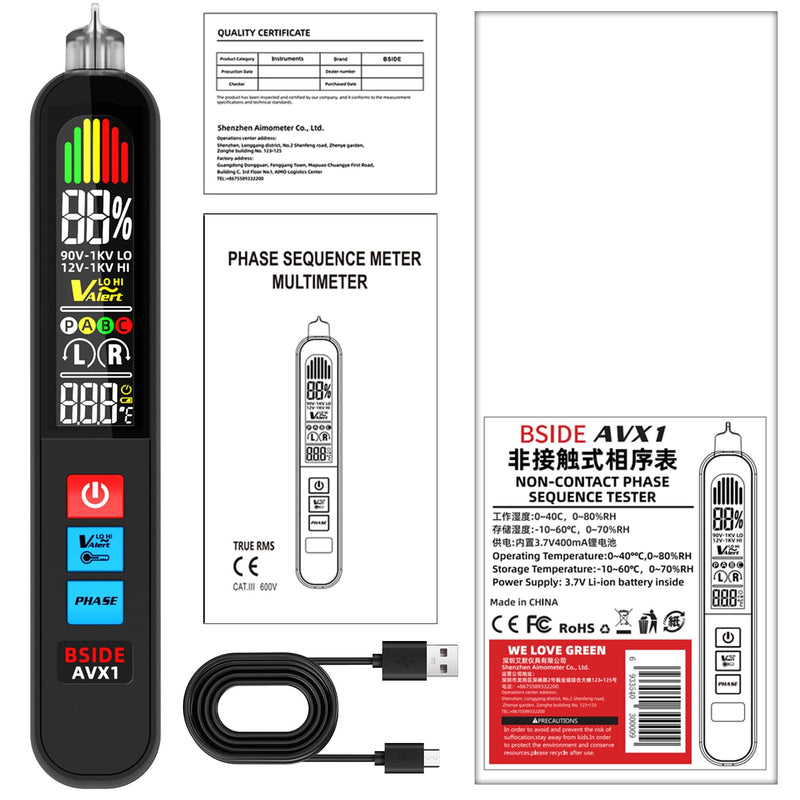 [Australia - AusPower] - BSIDE Voltage Tester, Non-Contact with 3-Phase Rotation Indicator & Signal Percentage, Rechargeable AC Electrical Voltage Detector Pen, High/Low Sensitivity with 6 Ranges, 3-Mode Alarm with Analog Bar 