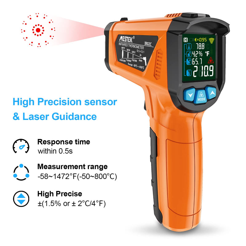 [Australia - AusPower] - Infrared Thermometer MESTEK Digital Laser Temperature Meter with K-Probe IR Pyrometer -50°C to 800°C Contactless Colour LCD Alarm Adjustable Emissivity for Kitchen Baking Industry orange 