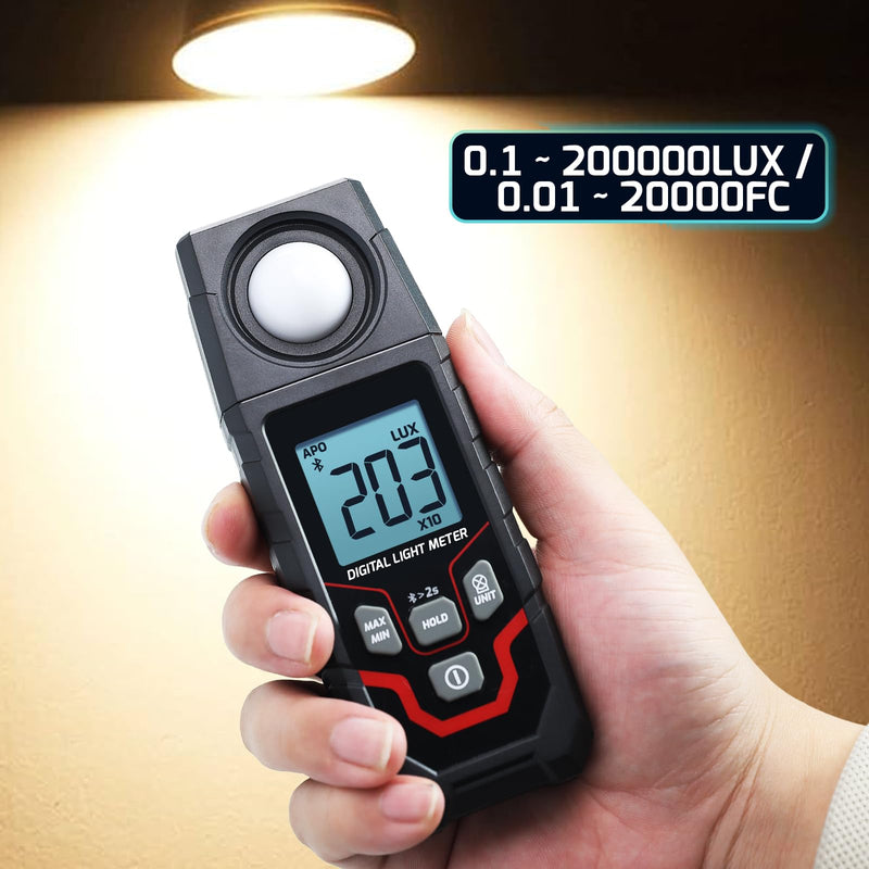 [Australia - AusPower] - Light Meter Wireless Lux Meter, 0.1~200,000 Lux Range Light Meter for Plants, Bluetooth Lux Meter Light Meter App Connection, Data Logging and Export, Backlight LCD Display for Plants, Photography 