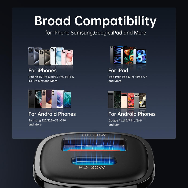 [Australia - AusPower] - Syncwire USB C Car Charger 60W [PD 30W & QC 30W] Fast Charging USB Adapter with 5FT Type C Cable Compatible with Samsung S23/S22 Google Pixel 7/7Pro iPhone 14 Pro Max and More Black 