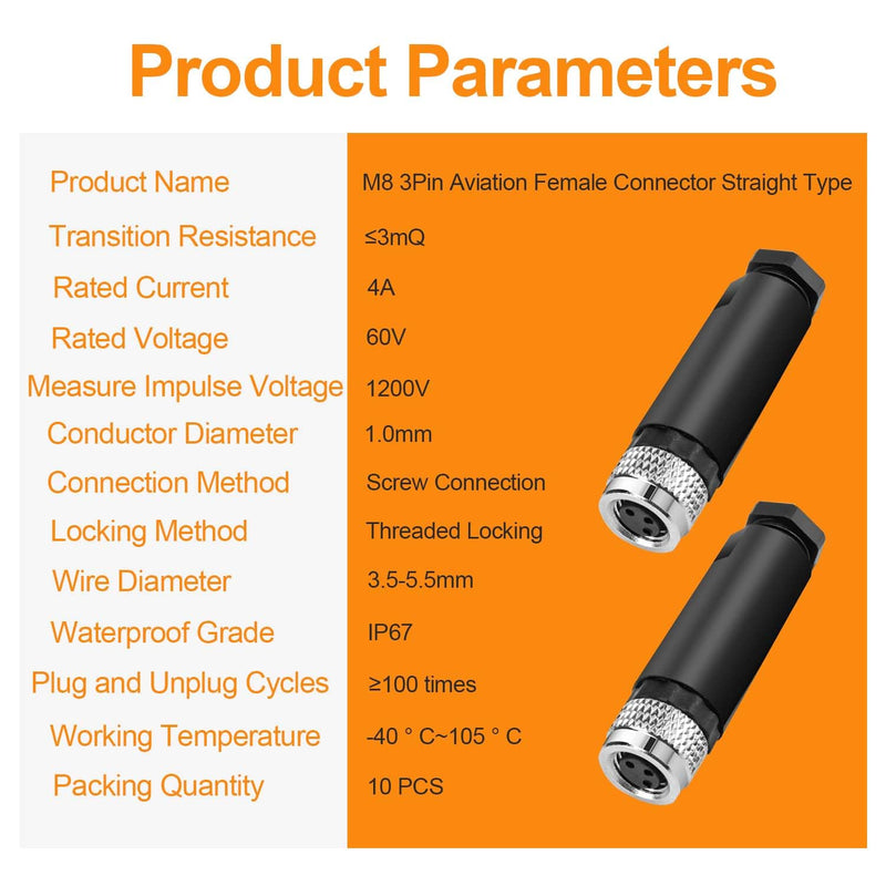 [Australia - AusPower] - 10 Pcs M8 3-Pin Aviation Connector Female, Industrial A Coding Field Assembly Plug 8mm IP67 Waterproof for Circular Socket Panel Sensor 3 Pins M8 Straight Female 