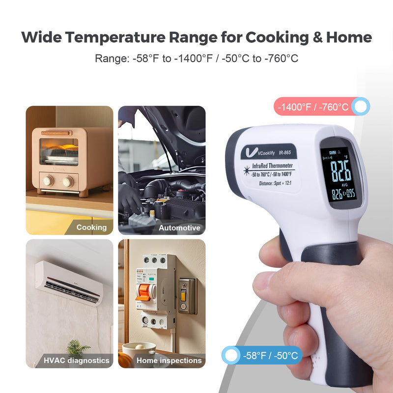 [Australia - AusPower] - Temperature Gun for Meat,Automotive Infrared Thermometer Gun with Ring Laser DS12:1,Digital Thermal Gun with Adjustable Emissivity&High/Low Alarm,-58~1400℉IR Temp Gun for Engine,Brakes&HVAC Gray 