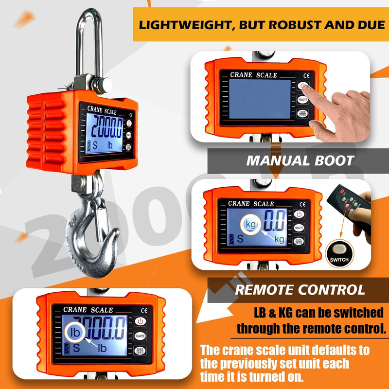 [Australia - AusPower] - 2200lb Digital Crane Scale High Precision Heavy Duty Industrial Hanging Scale with Remote Control Aluminum Case CE Certified Electronic Weighing Crane Scale, for Garage Farm Hunting (Orange) S-2200LBS-Orange 