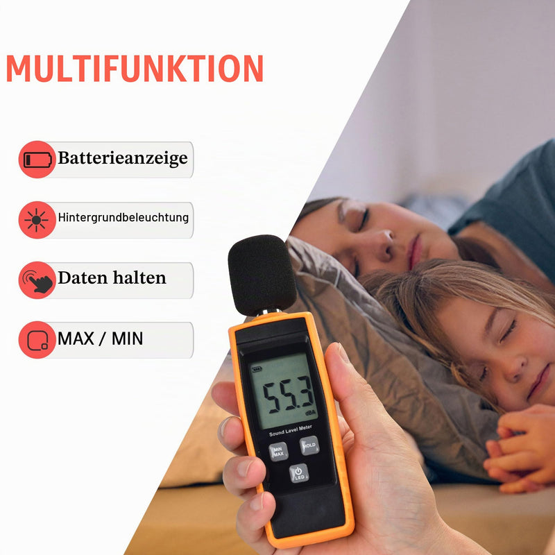 Handheld Sound Level Meter 30~130dB Decibel Noise Meter with Backlight Digital LCD Display for Indoor Outdoor Max/Min/Hold Function Black & Yellow
