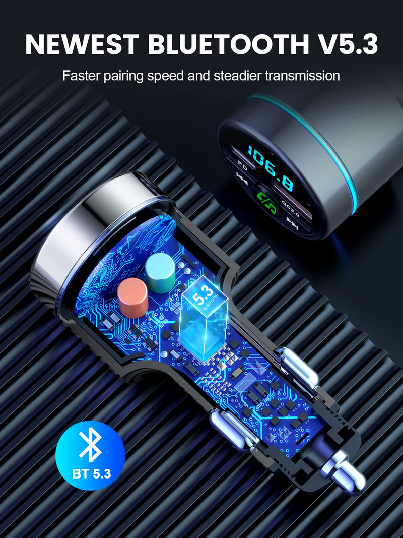 [Australia - AusPower] - FM Transmitter for Car Bluetooth 5.3, [All-Metal] PD 30W & QC3.0 18W Fast Car Charger, Wireless FM Radio Car Kit Bluetooth Car Adapter, Noise Cancelling Hands-Free Call, Blue Light - Silver 