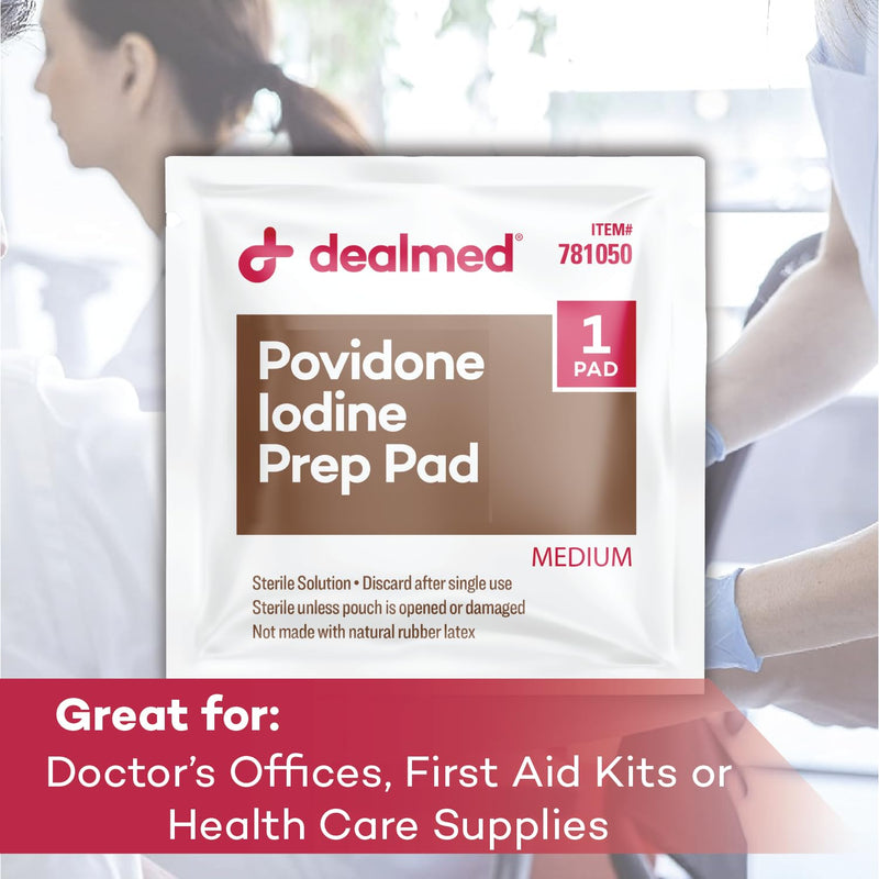 [Australia - AusPower] - Dealmed Povidone Iodine Prep Pad 10% - Individually Sealed Packets Perfect for Wound Care and Portable First Aid Kits, 100/Box (Pack of 1) Pack of 1 