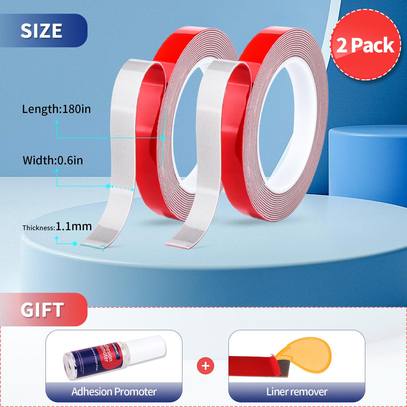 PHIXBEAR Super Strong Adhesion, Heavy Duty Double Sided Tape, Waterproof for Indoor & Outdoor Use, Multipurpose Automotive Wall Mounting Foam Adhesive (0.6in×30ft), 2 Rolls 0.6in*180in（2 Pack）