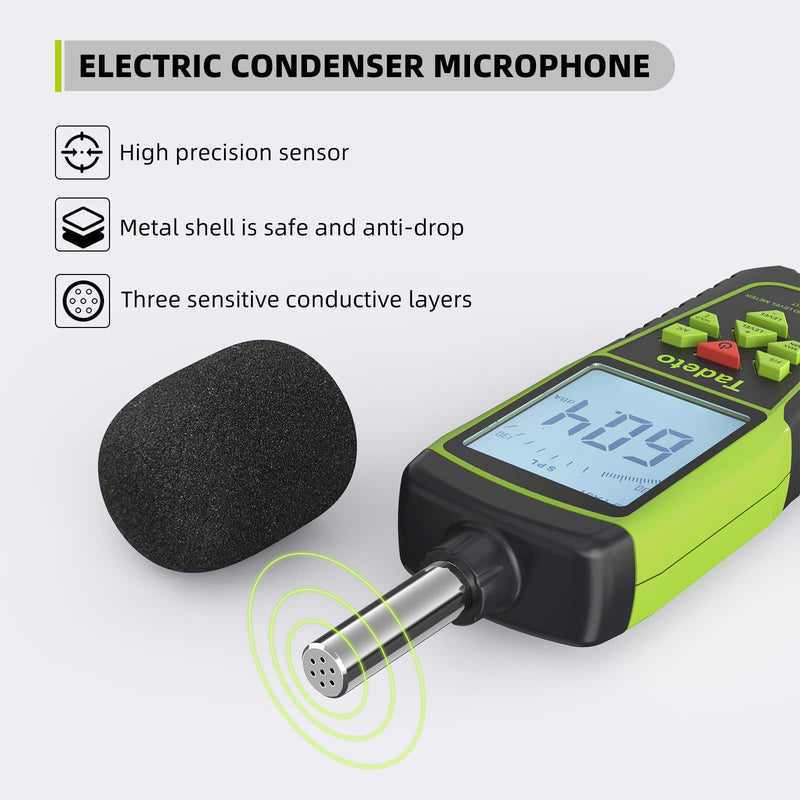 [Australia - AusPower] - Decibel Meter, Tadeto Digital Sound Level Meter Portable SPL Meter 30dB to 130dB(5 Measurement Range) Backlight LCD Display, MAX/MIN Noise Measurement, Audible and Visual Alarms,Data Hold, A/C Mode Green 