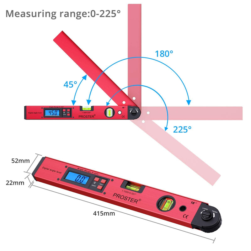 Proster Digital Angle Finder Gauge - 0~225° Angle Gauge LCD Digital Protractor Spirit Level Meter for Carpenter Woodworking Home Decoration Red