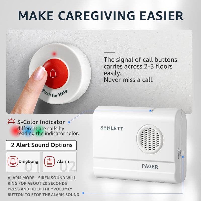 [Australia - AusPower] - Caregiver Pager Wireless Call Buttons for Elderly Monitoring SOS Alert System Portable Alarm for Nurse Call Seniors Patients Emergency Home 2 Call Buttons 1 Receiver 