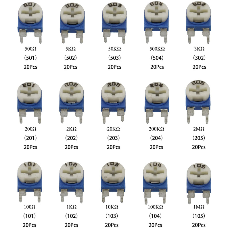 [Australia - AusPower] - 300 Pieces 15 Value 100 Ohm 2M Ohm Trimpot Variable Resistor 6 mm Potentiometer Assortment Kit 