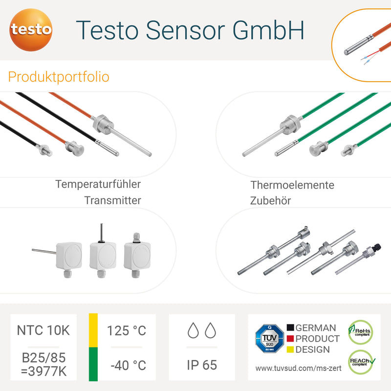 Testo Sensor NTC 10K Cable Sensor 3 m Silicone IP65 +125 °C Solar Heating 3 Meters