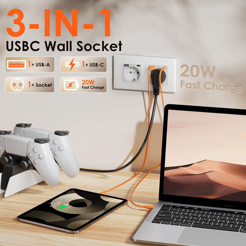 BSEED Schuko Socket with USB C 20 W Quick Charger USB Type C Wall Socket with Glass Panel, 2-Way Socket, USB Socket Flush-Mounted, Built-in Socket, Suitable for Phone, Pad, MP3 and More, White 2 outlets