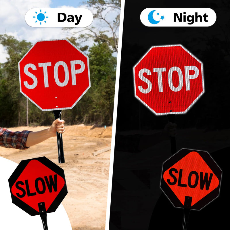 GicnKeuz Stop Slow Sign with Metal Handle, 13x13 inches Double Sided Slow/Stop sign, Traffic Reflective Aluminum Sign, Fade Resistant/Waterproof, Easy to Mount (2 Pack) STOP/SLOW sign 13"×13" - 2 pack