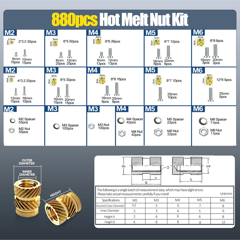 880 Piece Threaded Inserts Soldering Tips Set with Screws, M2/M3/M4/M5/M6 Thread Inserts, Adjustable Temperature Soldering Iron 180-500°C with Pins and Holder, Soldering Tips & Soldering Tip Adapter | 5stk Lötspitzen, Soldering Tip Adapter, LCD Einstel...