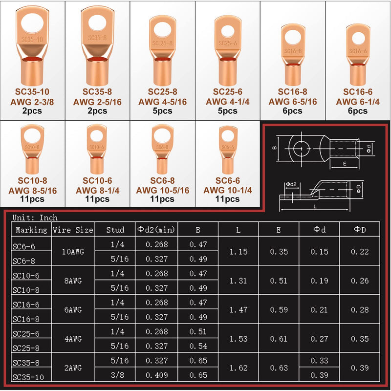 [Australia - AusPower] - 150pcs Battery Cable Ends, Copper Wire Lugs Assortment Kit AWG 2 4 6 8 10 Gauge - 70Pcs Battery Cable Lugs Ring Wire Terminal Connectors and 80Pcs Heat Shrink Tubing Kit for Marine Electrical Supplies 150PCS 
