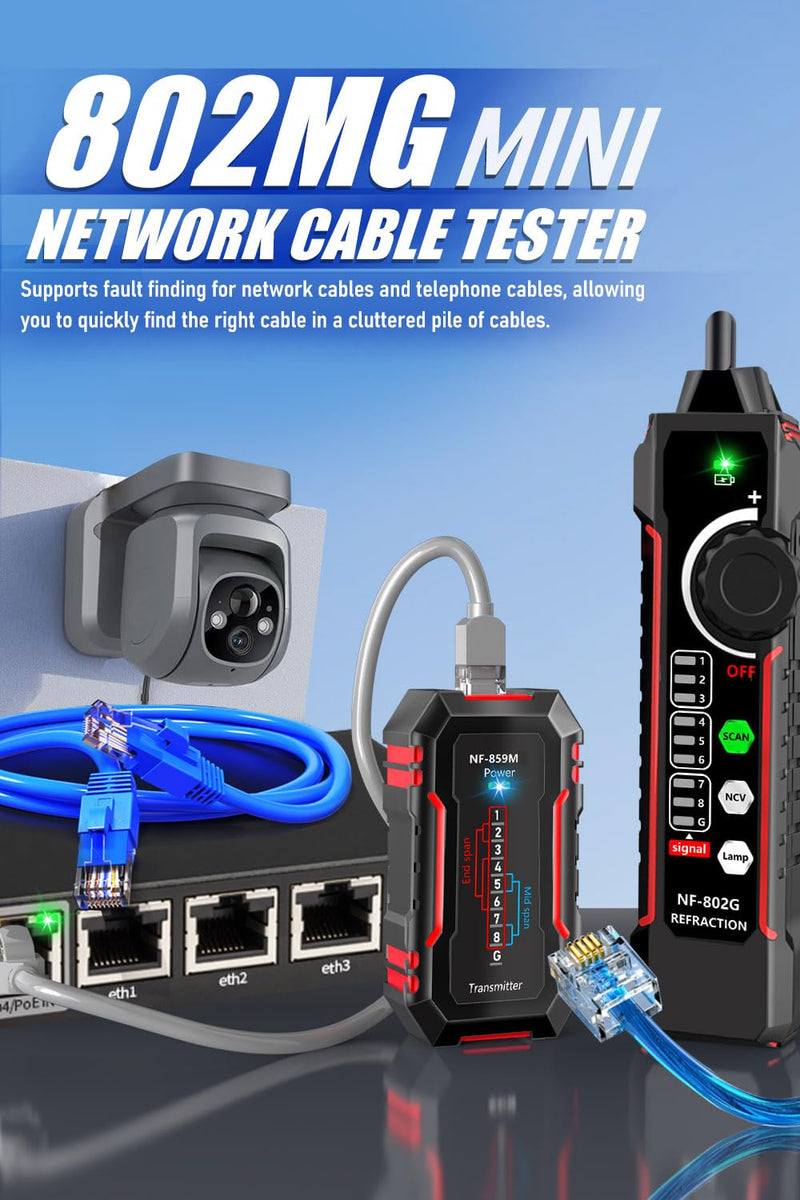 [Australia - AusPower] - NF-802MG Network Cable Tester with POE/Cat5/Cat5e/Cat6/Cat6a CAT3 Phone Line RJ11 RJ45 Ethernet LAN Telephone Cable Fault Finder with Toner Function (2025 New Version) Gray 