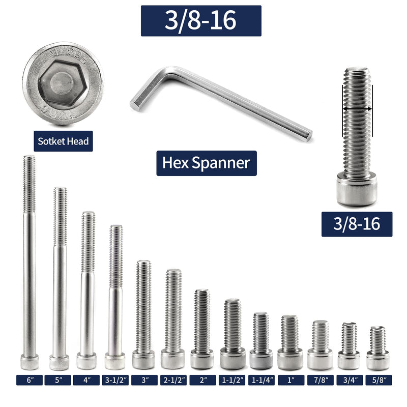 [Australia - AusPower] - 3/8-16 x 2" Socket Head Cap Screws Bolts, 20Pcs 304 Stainless Steel 18-8, Allen Socket Hex Drive, Full Thread, Bright Finish by SG TZH(with Hex Spanner) 20 3/8-16 x 2" 