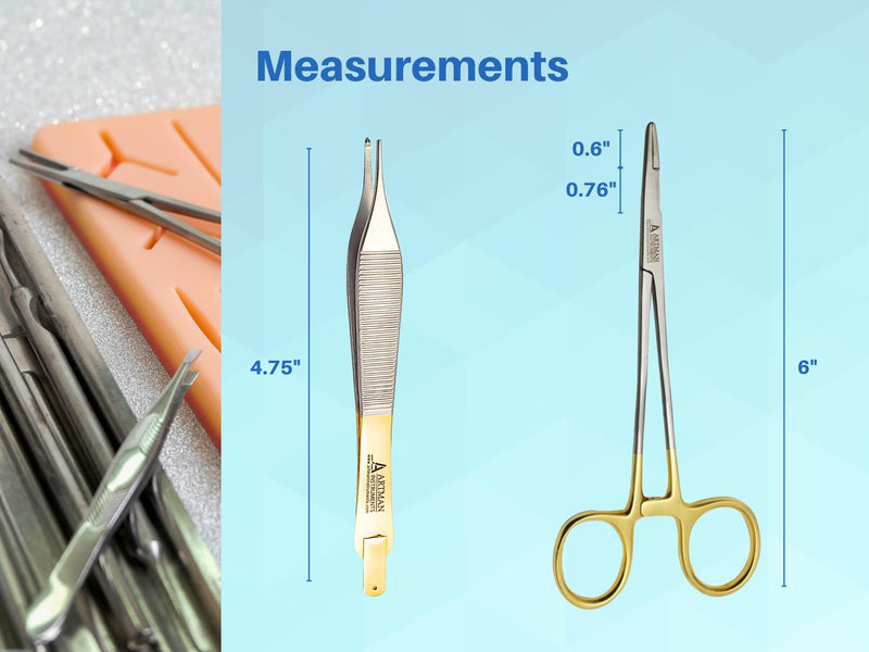 [Australia - AusPower] - Bundle of Olsen Hegar Needle Holder 6" Gold Plated Handle with Tungsten Carbide Inserts & Adson Forceps Kocher with Skin Stopper at The Back 4.75" Straight Fine Point 1X2 Teeth by Artman Instruments 