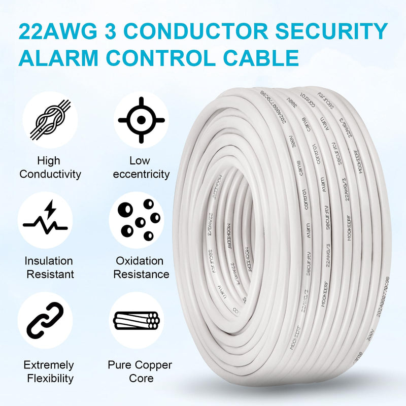 MOOKEERF 22/3 Shielded Wire 22 AWG 3 Conductor Stranded Shielded Plenum Cable 100FT White CL3P Jacket for Security/Alarm/Access Control/Sound-22AWG 3 Conductors Wire