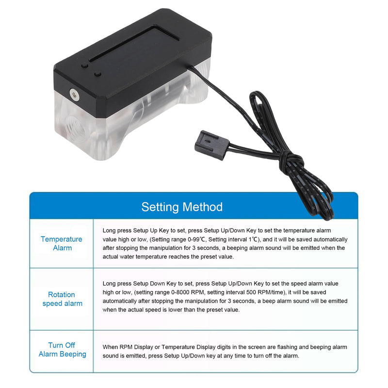 LICAEVEY Aluminum Alloy and Acrylic Digital Flow Meter Alarm with Temperature Monitoring, High and Low Speed Warnings for PC Water Cooling Systems (12 to 24 V)