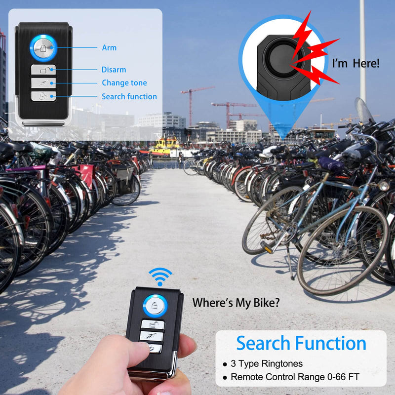 [Australia - AusPower] - 2 Set Wireless Bike Alarm with Remote, Anti-Theft Bicycle Motorcycle Alarm Wireless Security Vibration Motion Sensor Alarm, IP55 Waterproof Super Loud 113dB Alarm 2PK 