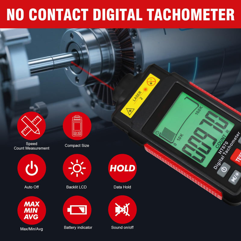 [Australia - AusPower] - Digital Tachometer with Reflection Tape, 3~99999RPM High Accuracy Non Contact RPM Tachometer with Large LCD Backlit, Data Hold, and Max/Min Function 