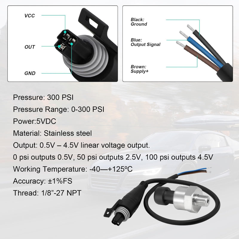 [Australia - AusPower] - 300 PSI Pressure Transducer Sender Sensor with 1/8" -27 NPT 316 Stainless Steel Thread and Harness Connector for Oil Fuel Air Water Pressure 300 PSI 